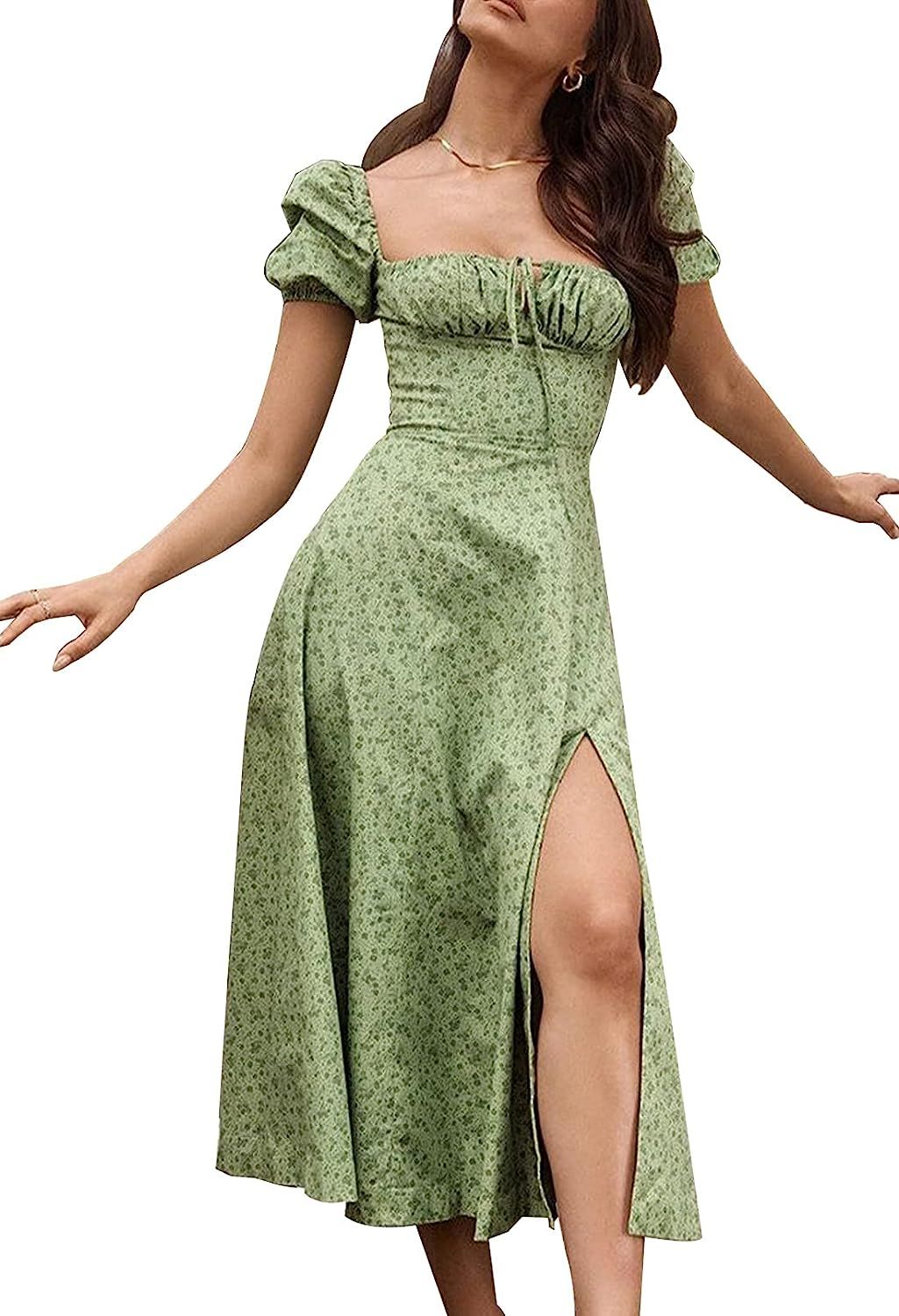 Linsery Women's Puff Sleeve Floral Maxi Dress Elegant Square Neck Cottagecore Boho Split Long Dre... | Amazon (US)