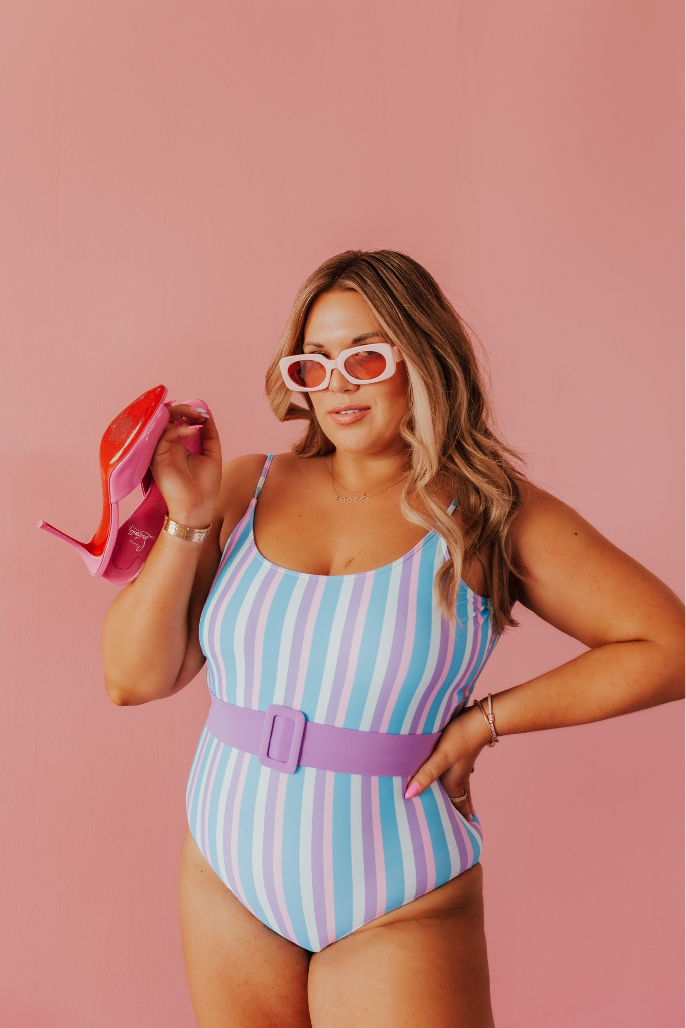 belted one piece in cotton candy stripe! 🍭 i’m in the large and runs TTS! 

#LTKunder100 #LTKswim #LTKcurves
