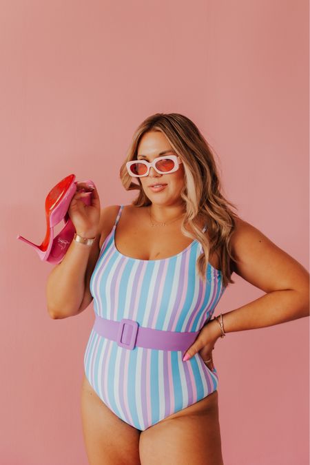 belted one piece in cotton candy stripe! 🍭 i’m in the large and runs TTS! 

#LTKunder100 #LTKswim #LTKcurves