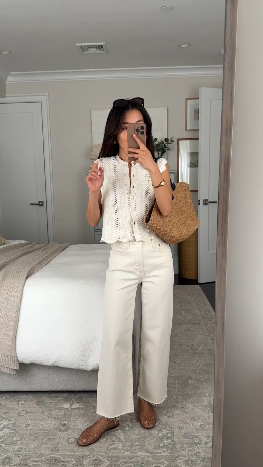 Sizing info below! 
• Perfect vintage wide leg crop jeans 24 short 
• Knit tank XXS loose fit 
• Dolce Vita jelly flats 5 size down if between sizes 
• Sezane basket tote 

Petite friendly jeans, easy mom outfit, white jeans

#LTKPetite #LTKmomlife #LTKootd