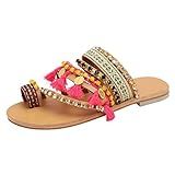 Ladies Flat Sandals Rhinestone Floral Bohemian Ethnic Style Strap Beach Slipper Sandals Hot Pink | Amazon (US)