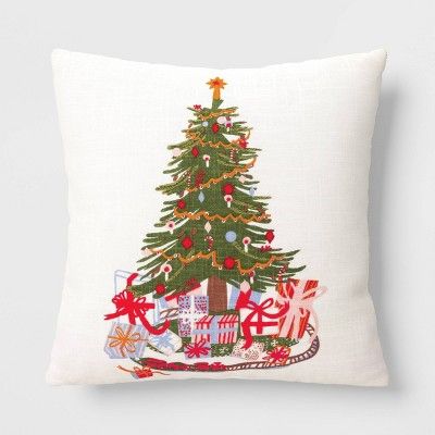 Christmas Tree Embroidered Square Christmas Throw Pillow Green/Ivory - Threshold&#8482; | Target