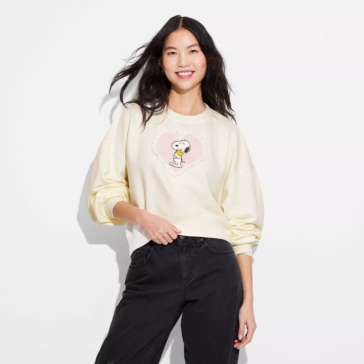 Women's Snoopy and Woodstock Heart Graphic Sweatshirt - Off-White | Target