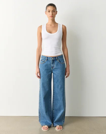 Studded Low Rise Wide Leg Jean in Mid Blue Crush | Glassons AU | Glassons (Australia)