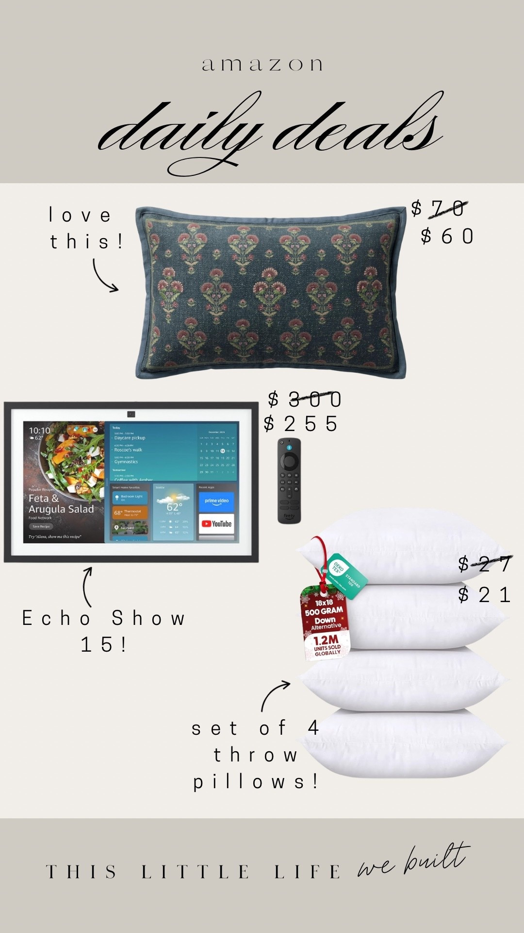 Amazon daily deals! 


Throw pillow, echo show, affordable home, Amazon home, Christmas finds 

#LTKHome #LTKHoliday #LTKSaleAlert