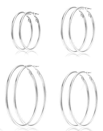 4 Pairs Silver Gold Hoop Earrings for Women 30/40/50/60 mm Stainless Steel 14K Gold Plated Hoop Earrings Hypoallergenic Big Thin Lightweight Dangle Set (4 Pairs Silver-30/40/50/60mm) | Amazon (US)