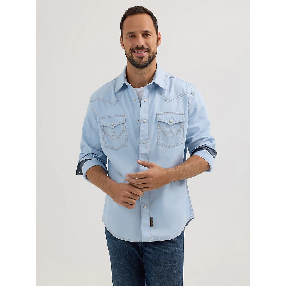 Men's Wrangler Retro Premium Western Snap Solid Shirt in Ice Blue | Wrangler