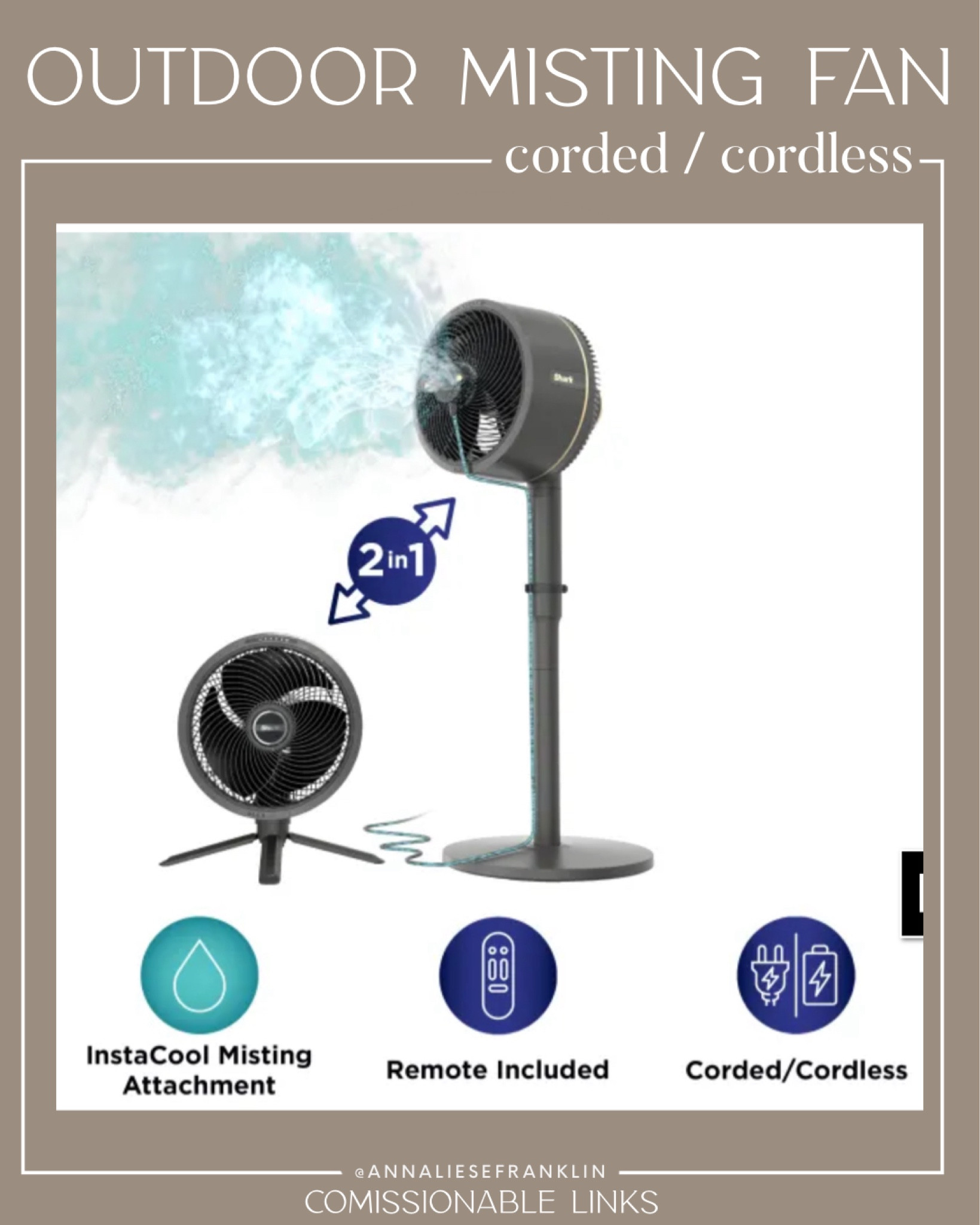Outdoor misting fan • up to 24 hour charge • remote control outdoor fan • backyard essentials • portable fan • camping fan • backyard living • 