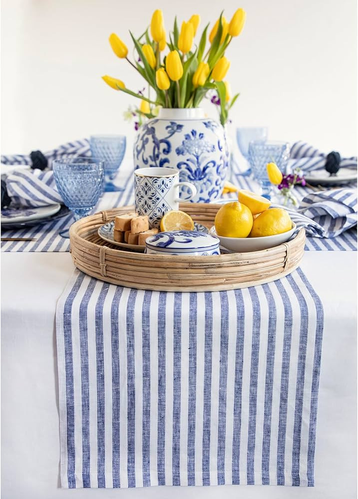 Amazon.com: Solino Home Stripe Linen Table Runner 48 inch – 100% Pure Linen Navy and White Tabl... | Amazon (US)