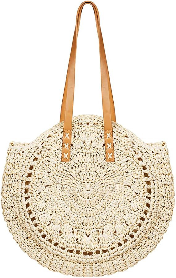 Round Straw Bag Large Woven Summer Beach Tote Handbags Handle Shoulder Bag for Women Vacation | Amazon (US)