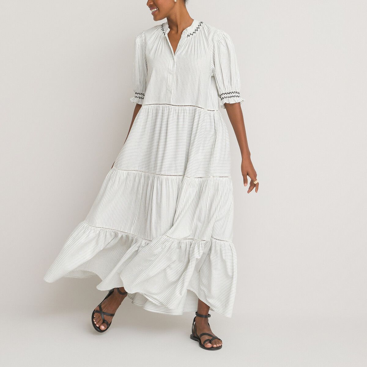 Organic Cotton Mix Dress in Striped Print with Puff Sleeves | La Redoute (UK)
