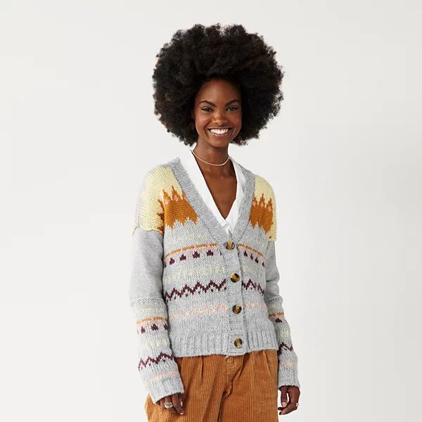 Juniors' SO® Mixed Media Fair Isle Cardigan Sweater | Kohl's
