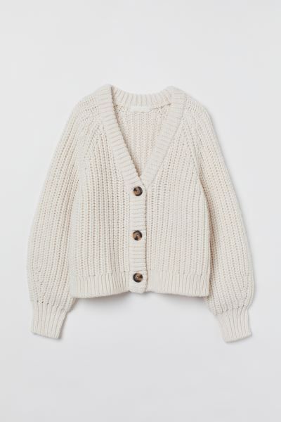 Rib-knit cardigan in soft fabric with wool content. Low-cut V-neck, buttons at front, and long, w... | H&M (US + CA)