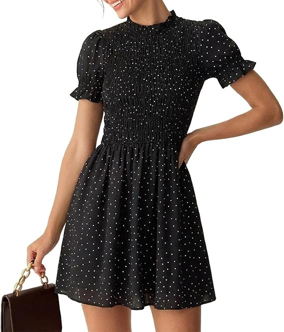 Women Shirred A-Line Midi Dress Summer Dresses Puff Short Sleeve Smocked Flowy Ruffle Boho Beach ... | Amazon (US)