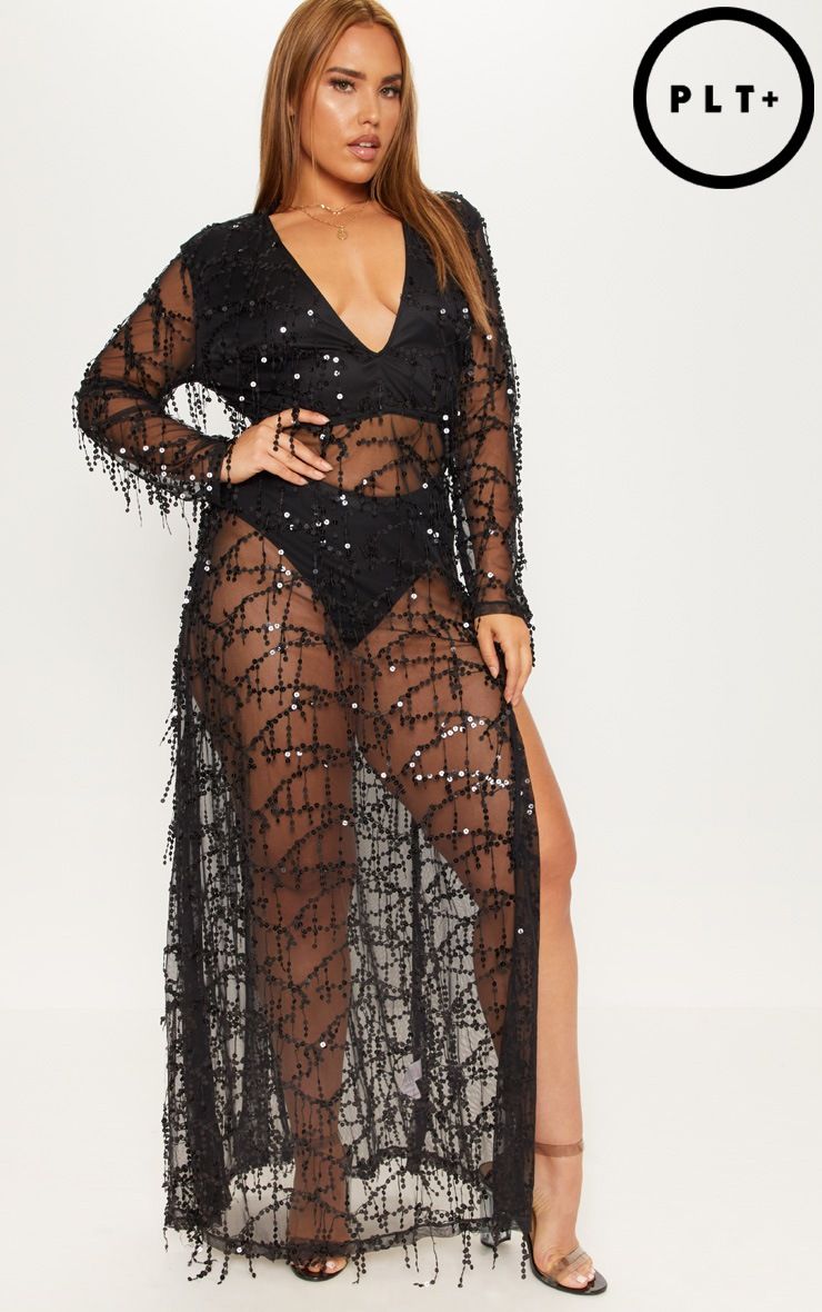 Plus Black Sequin Long Sleeve Maxi Dress | PrettyLittleThing US
