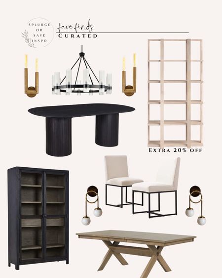 Tall bookshelf white oak. Tall display cabinet black. Farmhouse dining table. Round chandelier. Brass sconces. White dining chairs. Upholstered dining chairs. Black dining table. Modern dining table. 

#LTKsalealert #LTKhome