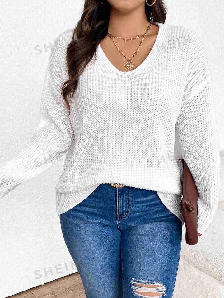 SHEIN Frenchy Plus Size Solid Color Drop Shoulder Sweater | SHEIN