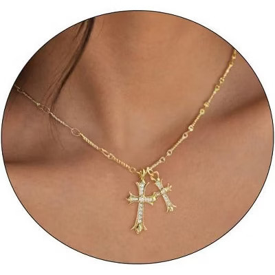 "14K Gold/Silver Plated Double Cross Necklace, Dainty Diamond Cross Pendant Chain, Delicate Faith Jewelry Gift for Women" | Target