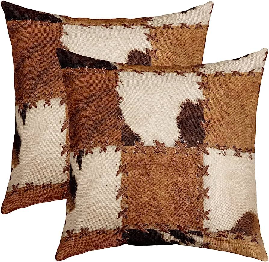 Cow Fur Throw Pillow Covers 18x18 Set of 2,Patchwork Cow Hide Print Decorative Accent Pillow Case... | Amazon (US)