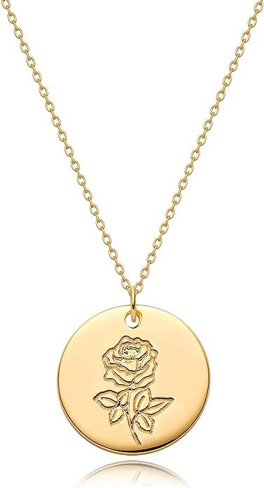 MYEARS Women Birth Flower Necklaces Gold Coin Disc Floral Pendant 14K Gold Filled Simple Dainty C... | Amazon (US)
