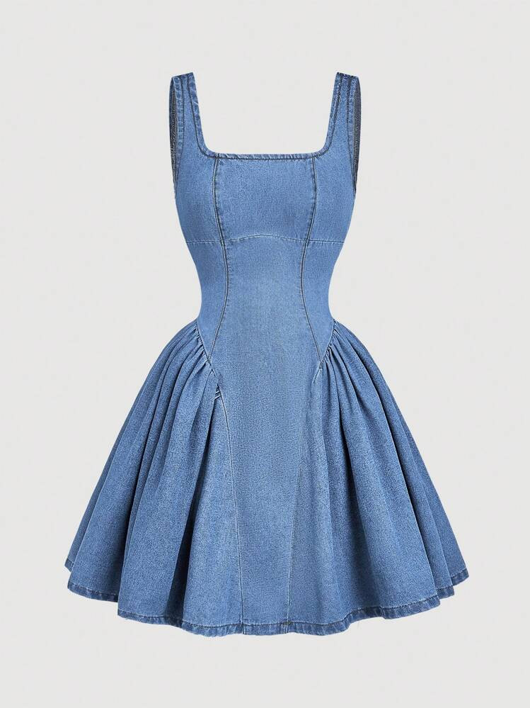 Women's Square Neck Sleeveless Pleated Casual Denim Dress | SHEIN