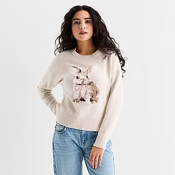 Arizona Juniors Womens Crew Neck Long Sleeve Animal Pullover Sweater, Color: Oatmeal Bunny - JCPe... | JCPenney