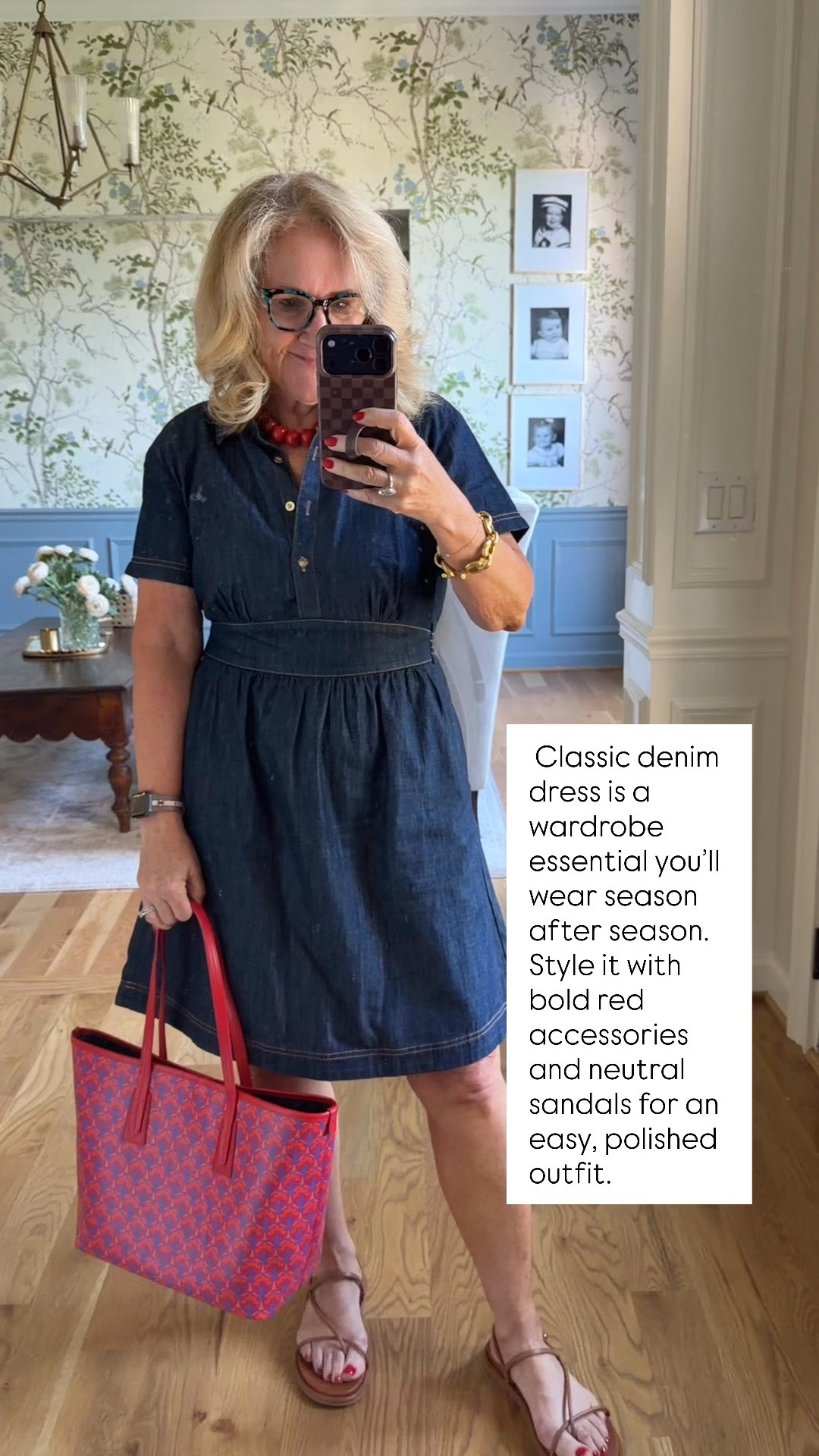 A denim dress is one of those timeless pieces you'll reach for again and again! It's effortlessly flattering on its own, and I love adding a pop of red with accessories for a fun summer touch. Whether you're headed to brunch, running errands, or meeting friends for lunch, this easy outfit is comfortable, classic, and always in style.

💡 LTK MADE EASY
❤️ Heart = Support my posts!
🔖 Save = Get sale & restock alerts
📋 Lists = Keep favorites organized
📲 Share = Send lists and products to a friend. Hello, Christmas List!
💬 Comment = Ask me anything about sizing or fit. :-)

#LTKootd #LTKOver40 #LTKSaleAlert