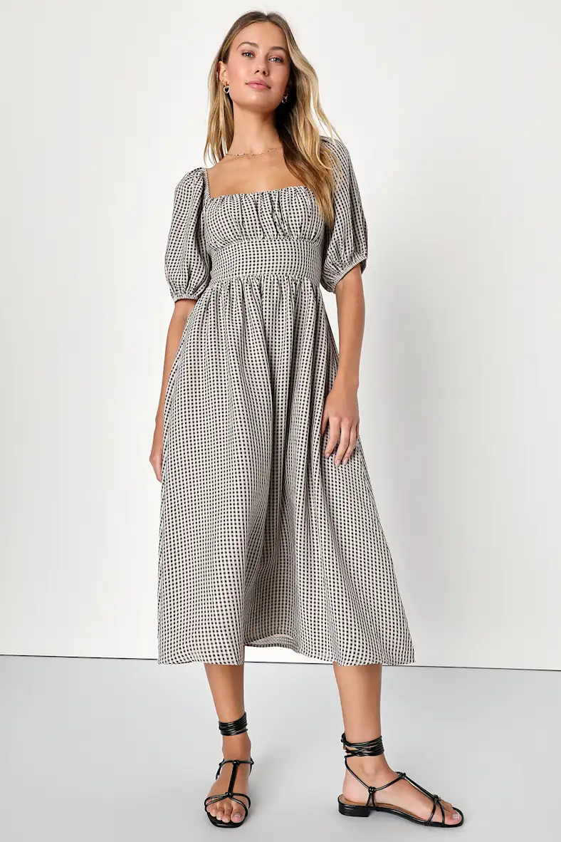 Remarkable Cuteness Beige and Black Gingham Tie-Back Midi Dress | Lulus (US)