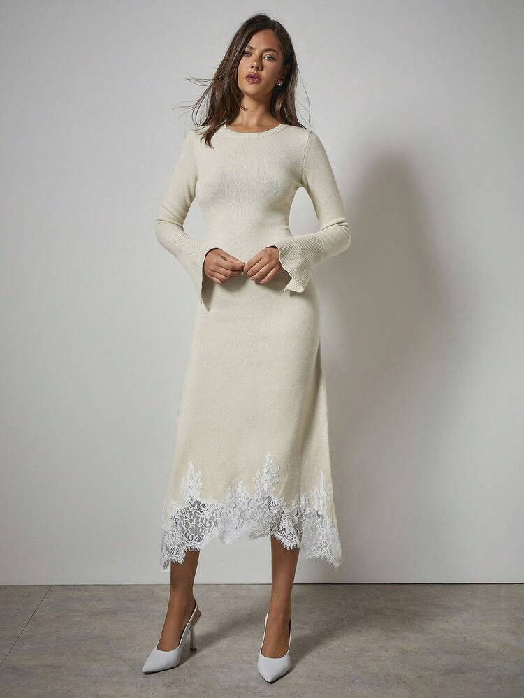 COSMINA Women's Elegant Flare Sleeve Asymmetrical Hem Lace Patchwork Sweater Dress, Autumn/Winter | SHEIN