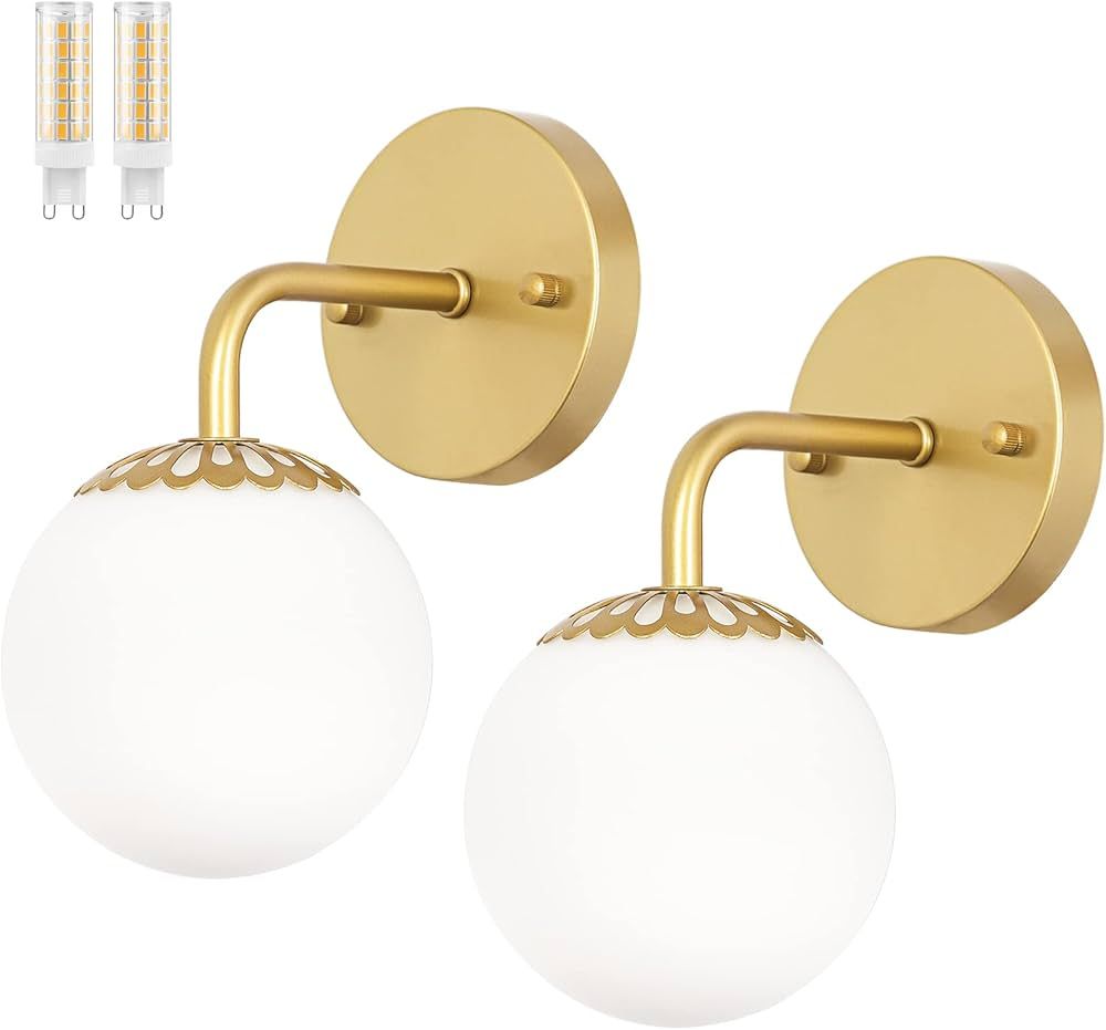 Modern Gold Wall Sconces Set of Two, Mid Century Wall Mounted Lamp, Brass Sconce with White Globe... | Amazon (US)
