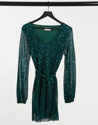 Club L sequin plunge neck sequin mini dress in emerald green | ASOS (Global)