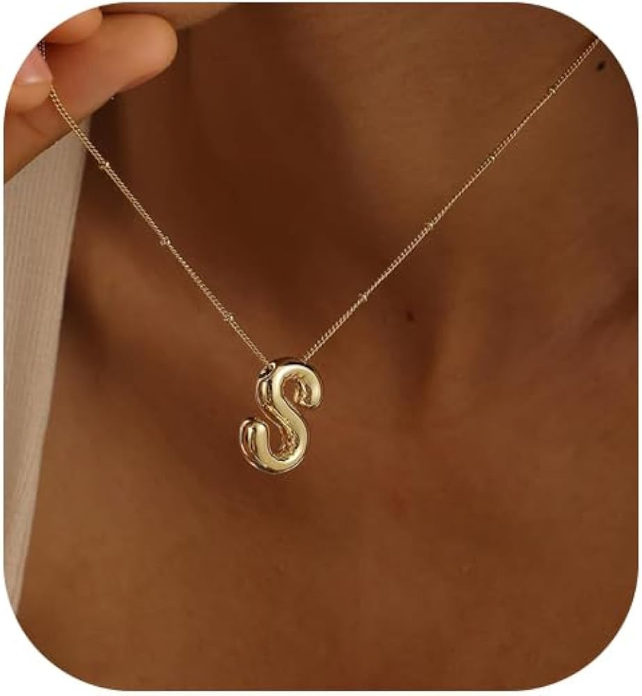 Bubble Gold Letter Necklace for Women, 14k Gold Plated Balloon Initial Letter Pendant Necklace Da... | Amazon (US)