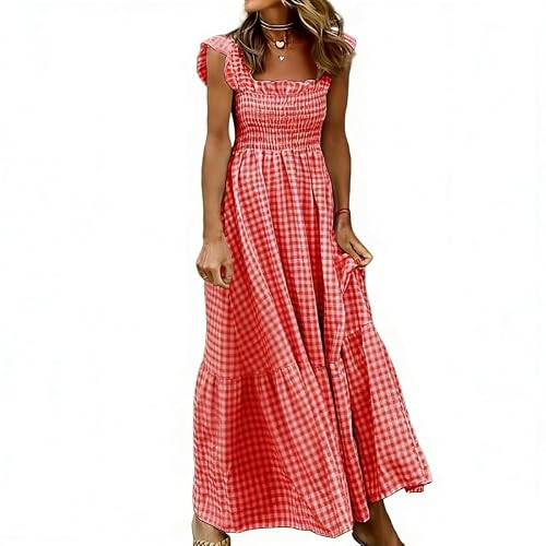 Linkpig Women's Gingham Smocked Maxi Dress - Square Neck Ruffle Sleeve Flowy A-Line Sundress Red | Amazon (US)