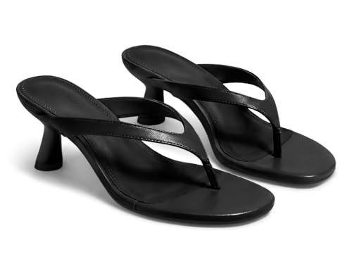 Coutgo Womens Kitten Low Heels Flip Flop Open Toe Thong Sandals Slides Slip On Summer Beach Dress Shoes, Black, Size 8.5 | Amazon (US)