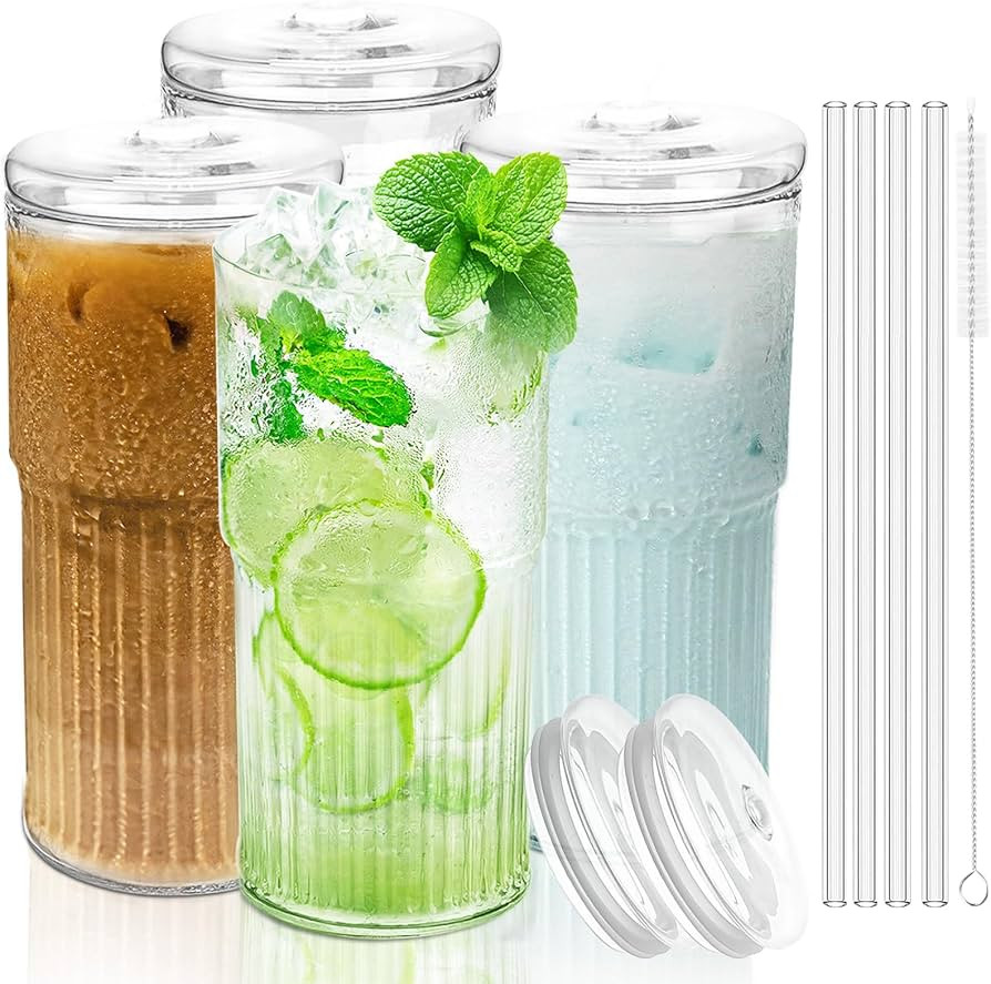 Glass Cups with Lids and Glass Straws, High Borosilicate 20OZ Tumblers (4Pcs) for Coffee, Tea, Ju... | Amazon (US)