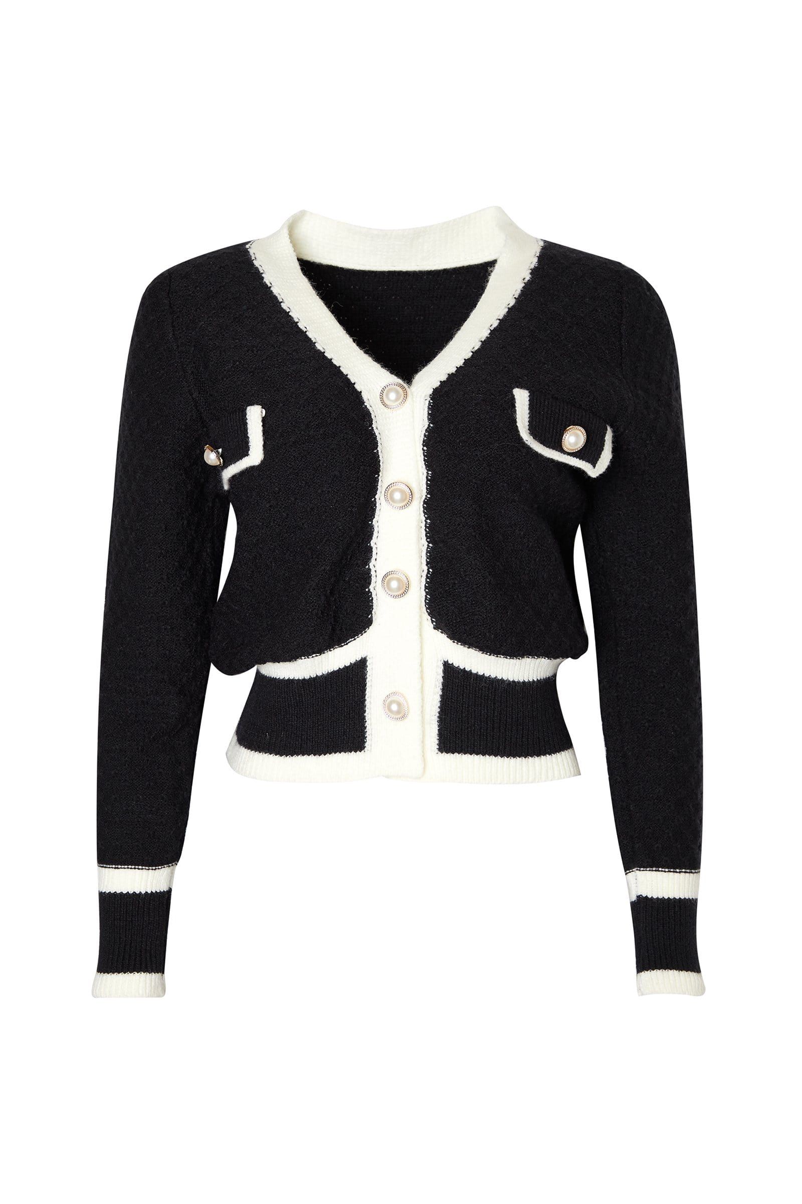 Susie Black Contrast Button Up Knit Cardigan | J.ING