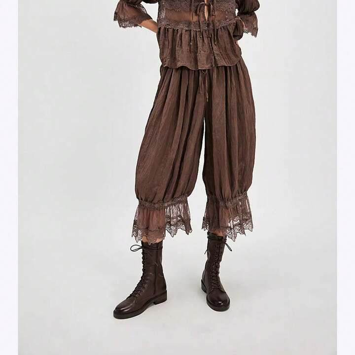 Womens Elastic Waist Cropped Pant Casual Loose Lace Hem Lantern Cropped Pants Comfort Trouser | SHEIN