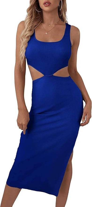 Cuptacc Bodycon Dress for Women Crewneck Cut Out Ribbed Knit Midi Cocktail Dress | Amazon (CA)