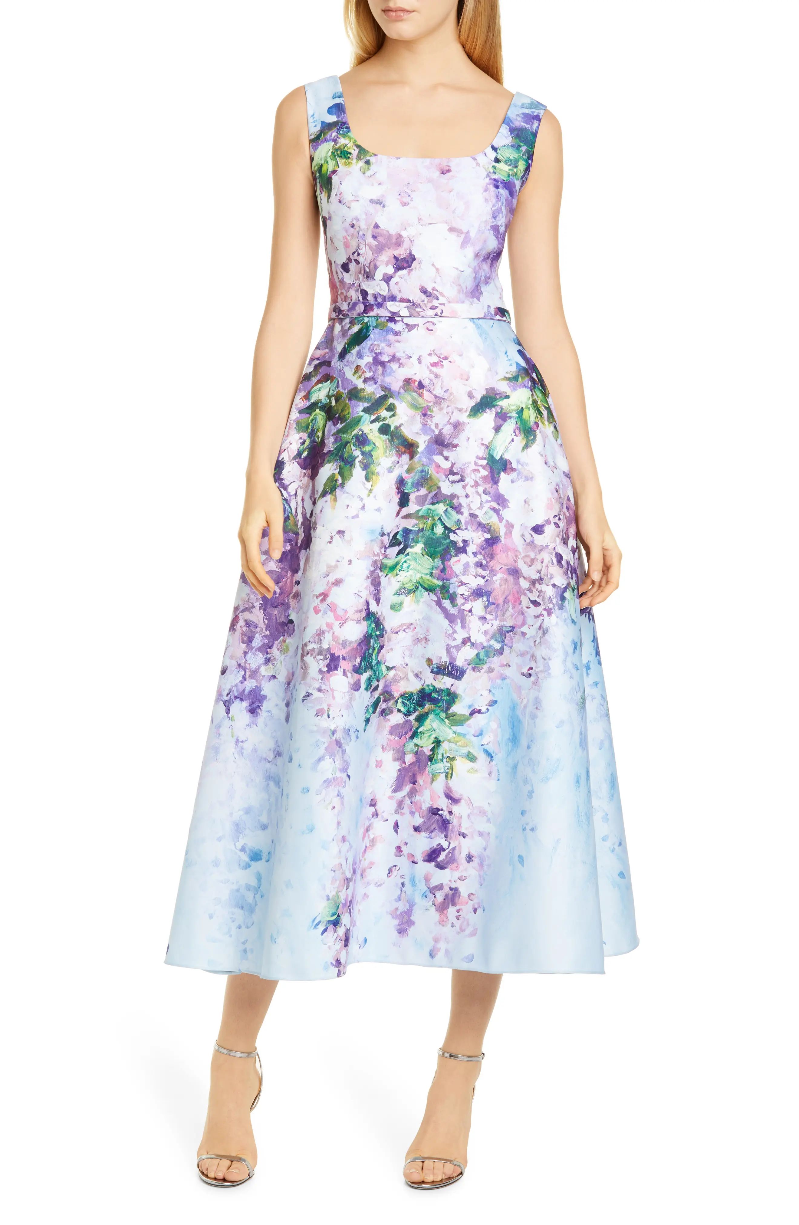 Women's Marchesa Notte Floral Satin Midi Dress, Size 4 - Blue | Nordstrom