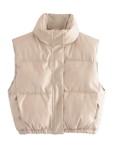 Megfie Womens Faux Leather Puffer Vest Sleeveless Elastic Waist Cropped Puffer Vest Padded Gilet with Pockets(0288-Beige-M) | Amazon (US)