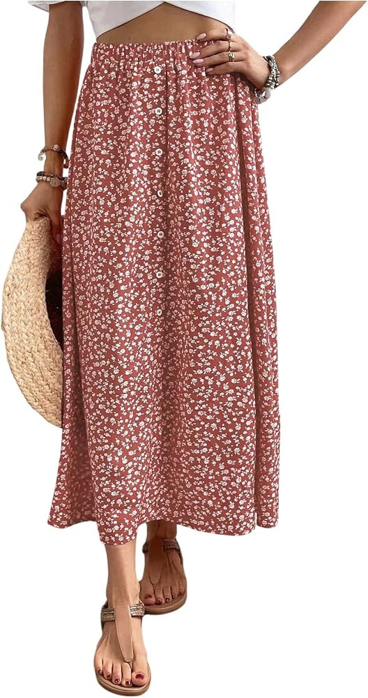 Verdusa Women's Boho Floral Skirt Button Up Slit A Line High Waisted Flowy Skirts Summer Vacation... | Amazon (US)