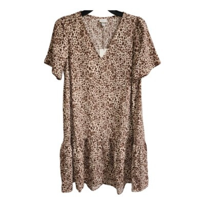 A New Day Womens Tan Brown Leopard Print Short Sleeve Ruffle Hem Dress S | eBay US
