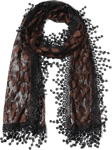 Women's lightweight Feminine Lace teardrop fringe Vintage Mesh Crochet Tassel Scarf for Women | Amazon (US)