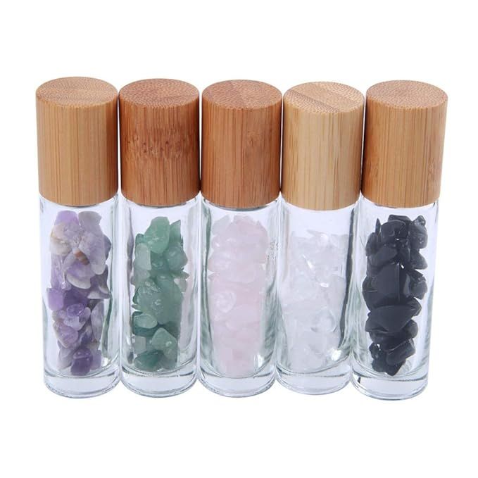 Constore 5 PCS 10ML Gemstone Roller Bottles,Refillable Roll On Bottles with Bamboo Lids Healing C... | Amazon (US)