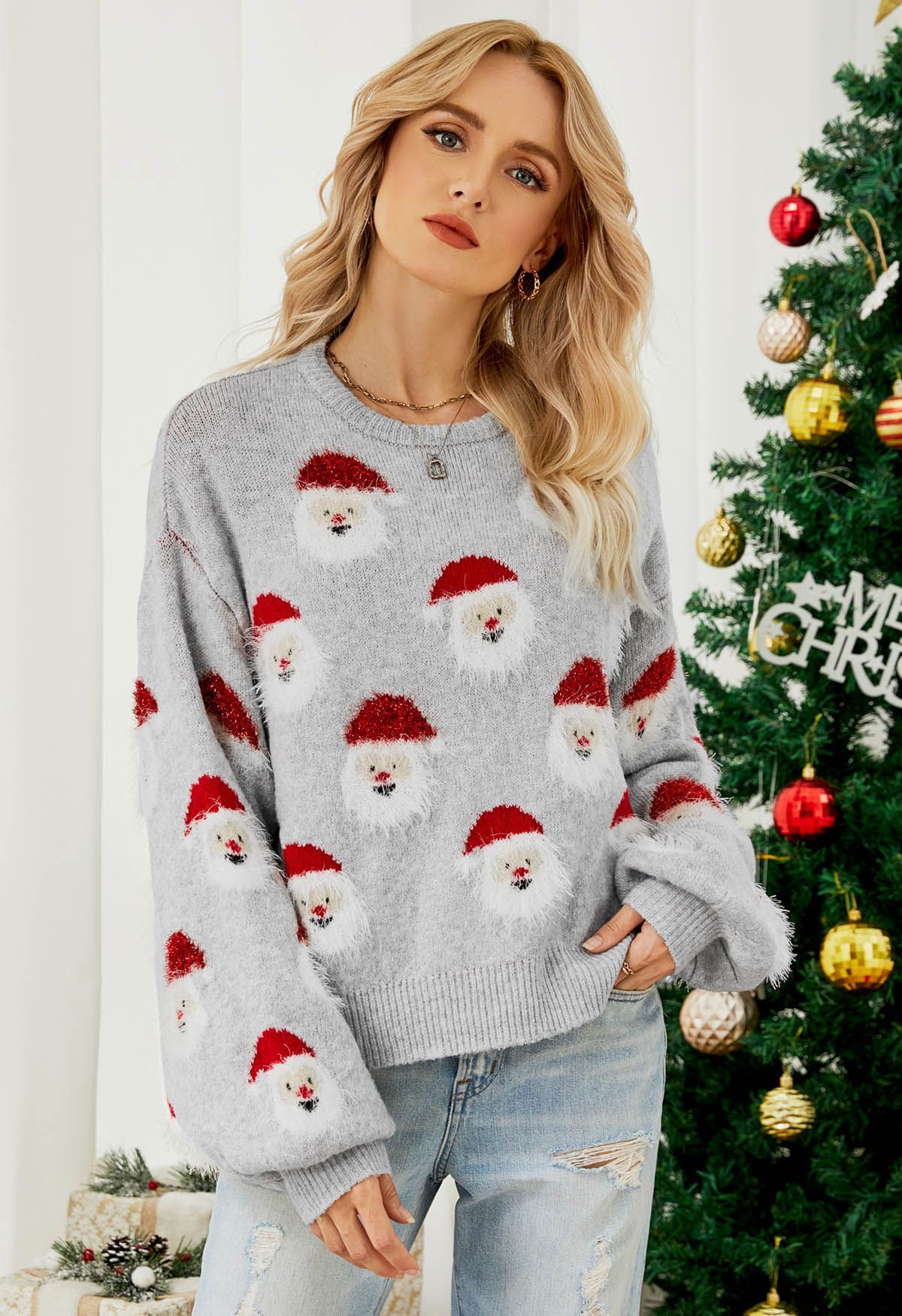 Fuzzy Santa Claus Knit Top in Grey | Chicwish