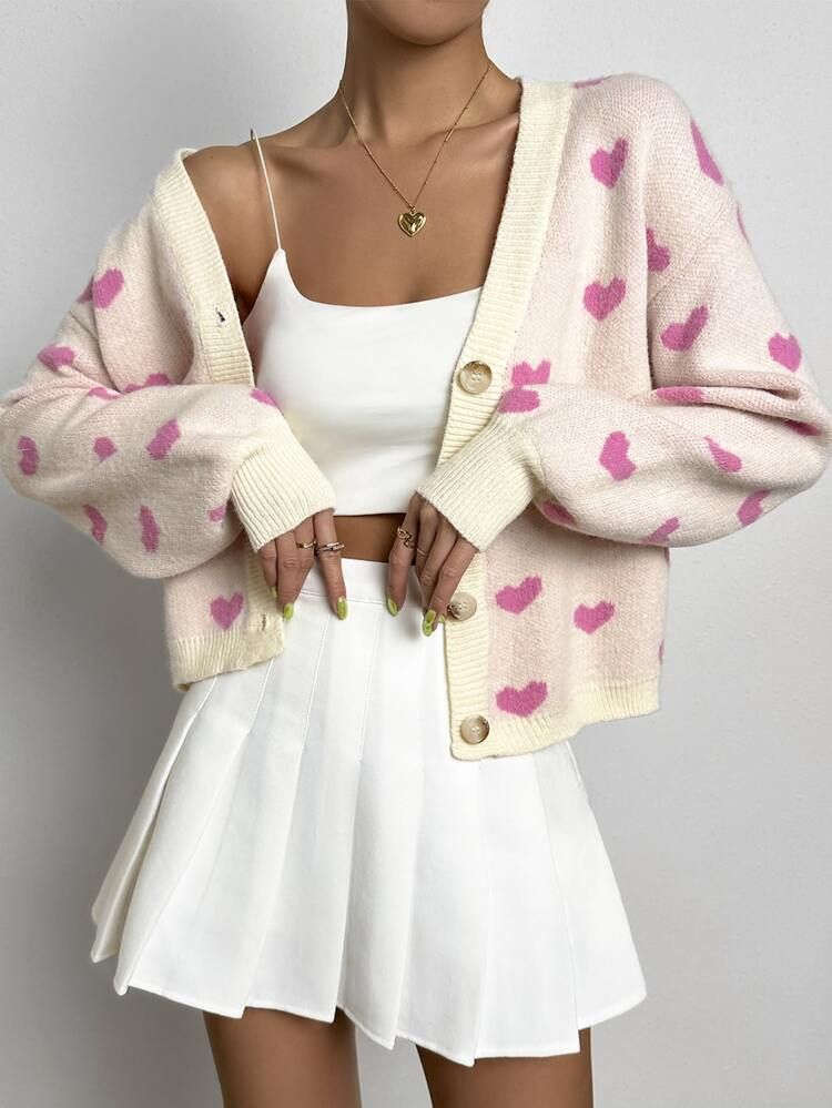 Heart Pattern Contrast Trim Drop Shoulder Cardigan | SHEIN