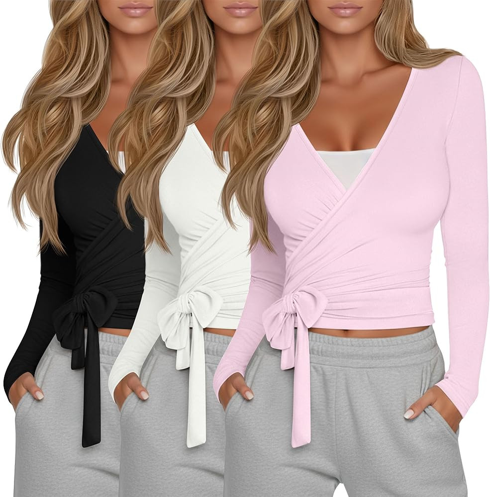 3 Pack Women's Tie Wrap Tops, Long Sleeve Workout Ballet Yoga Pilates Shirts Deep V Neck Tie Fron... | Amazon (US)