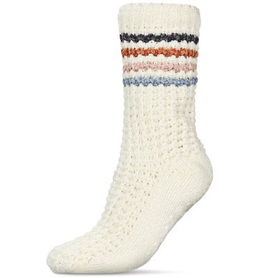 Memoi Women's Chunky Stripes Plush-Lined Slipper Crew Sock Ivory 9-11 | Target