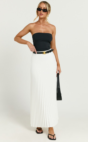 Harlee Midi Skirt - Pleated High Waist A Line Skirt in White | Showpo (US, UK & Europe)