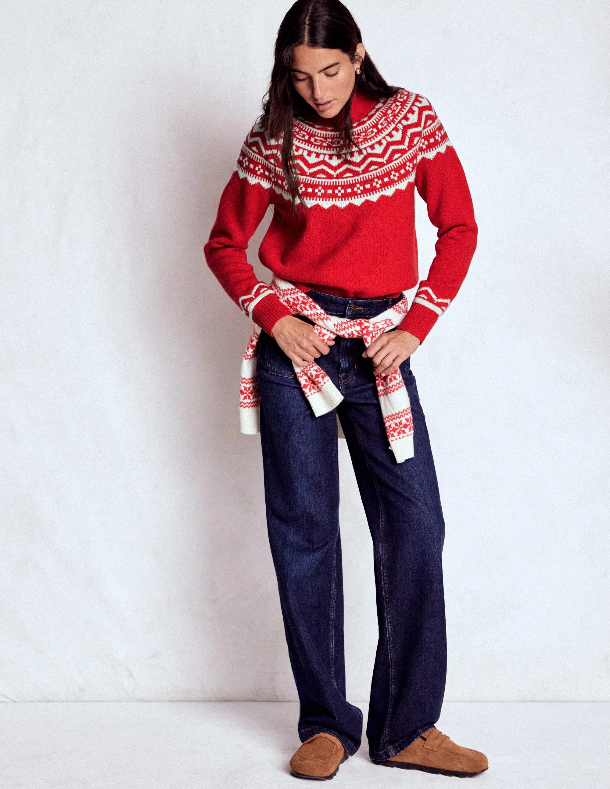 Marion Merino Rib Neck Sweater-Poppy Red Fair Isle | Boden (US)